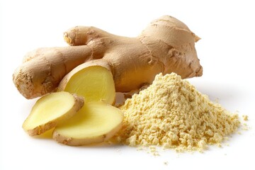 Fresh ginger root with sliced portions and ground powder displayed on a white background for culinary use and health benefits