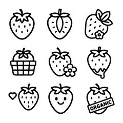 Strawberry Icon Set Smiling Organic Heart Flower Basket and Dripping Designs.