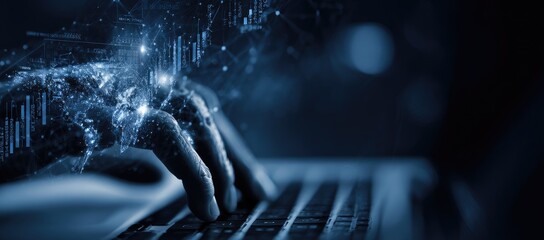 Hands typing on keyboard, overlaid with digital data visualization