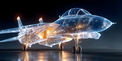 A digital wireframe hologram of a fighter jet on a dark tarmac, glowing blue with detailed lines, showcasing modern aerospace design