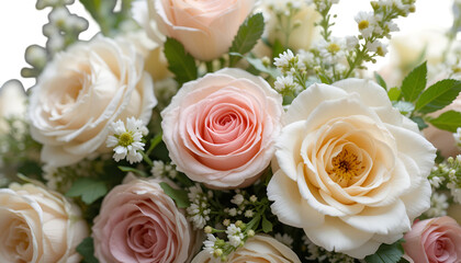 Obraz premium Beautiful roses bouquet for wedding or valentine's day gift floral arrangement close up photography 100 characters isolated on transparent background 