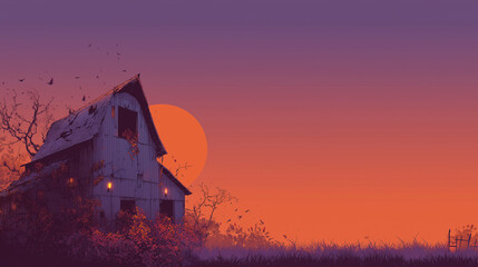 Autumn Horror,  Soft orange to twilight purple gradient, spooky barn with broken lanterns and falling leaves, full moon rising behind