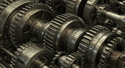 Fototapeta premium Metallic Gears Machine Close-up, Industrial Iron Texture, Mechanical System