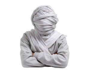Person wrapped in cloth with arms crossed