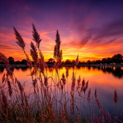 Sunset over tranquil lake, framed by tall grasses