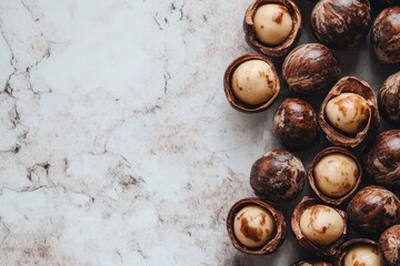 Obraz premium Shelled macadamia nuts on white marble