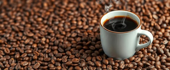 Naklejka premium Blank white menu on coffee bean backdrop with steaming coffee cup, flat lay, cafe menu