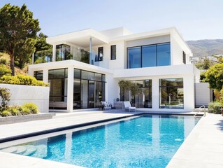 Modern white house with pool.  Exterior view, sunny day