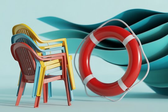 Vibrant stacked chairs and a bright red life preserver evoke a playful summer mood, perfect for vacation rentals, poolside relaxation, and fun outdoor living concepts