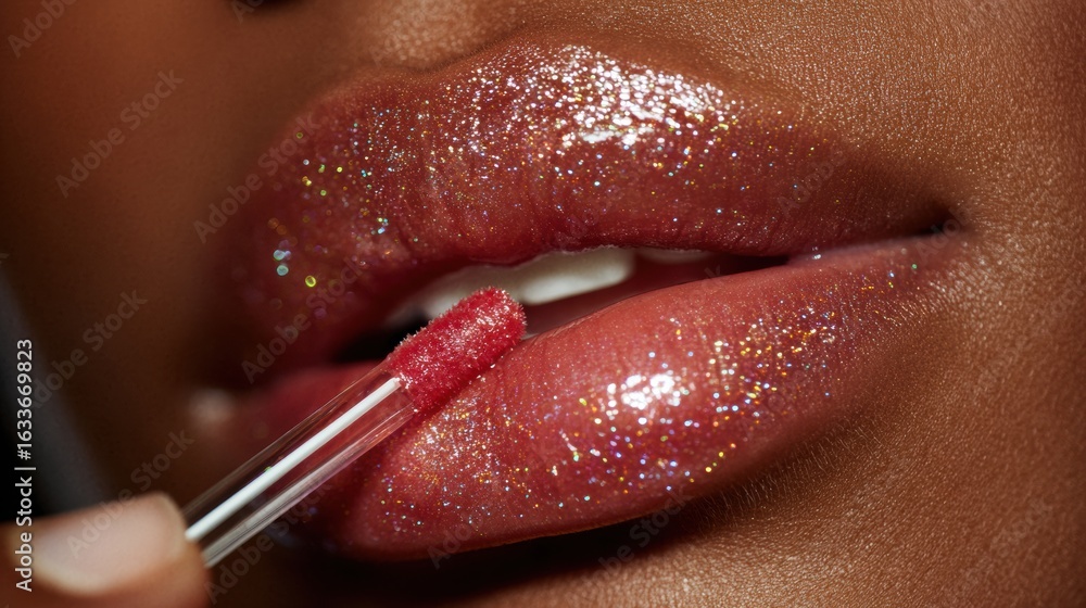 Poster glossy lips receive a vibrant touch of color while a soft bokeh background creates an artistic ambia