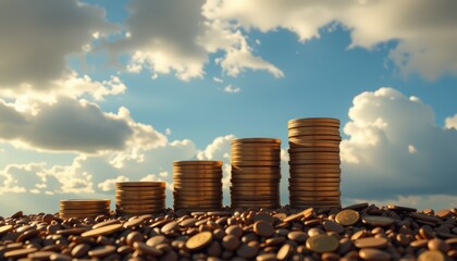 Financial growth with coins and upward concept. Stacks of coins against a cloudy sky background.