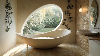 Cozy Curved Bathroom Sink Ideas with Egg-Shaped Tub for a Warm Curved Bathroom Retreat