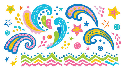 Fototapeta premium Colorful whimsical design with paisley swirls stars and zigzag border on a white background image art