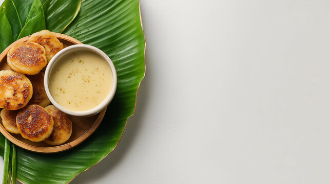Minimalist composition of Malpua on banana leaf with small bowl of rabri