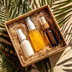 Set of three skincare spray bottles in a gift box with natural straw and palm leaves