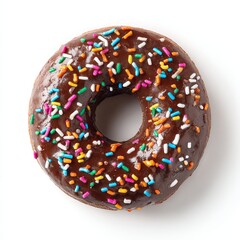 A delicious donut with chocolate glaze and colorful sprinkles