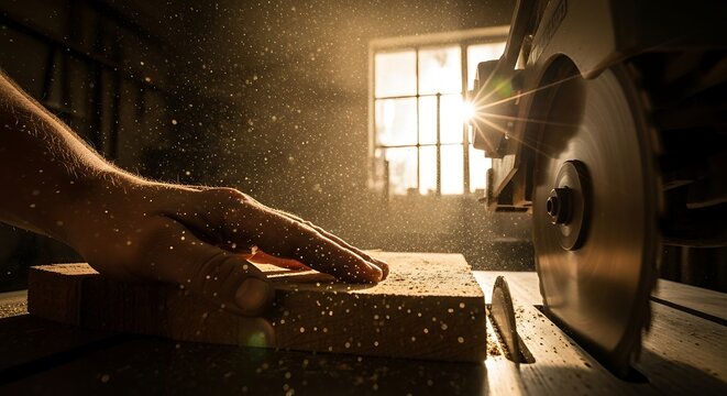 Crafting precision, woodworking process showcasing circular saw action with golden light