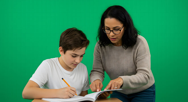 Teacher guiding boy with writing task on green background