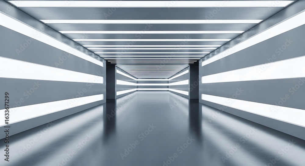 Poster Futuristic illuminated corridor perspective with repetitive light patterns creating depth