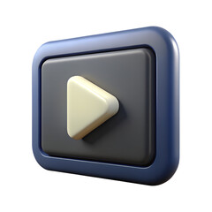 3D Icon of Black Video Play Button on Tilted Screen Frame with Shadow, Isolated on Transparent Background, Representing Multimedia Playback or Streaming Interface
