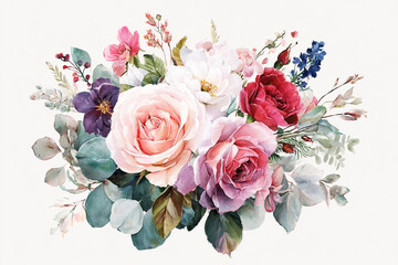 Floral Harmony: A symphony of blooming roses and delicate wildflowers is artfully arranged. The tender arrangement showcases pastel hues in an elegant display of natural beauty.