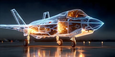 A digital wireframe hologram of a fighter jet on a dark tarmac, glowing blue with detailed lines, showcasing modern aerospace design