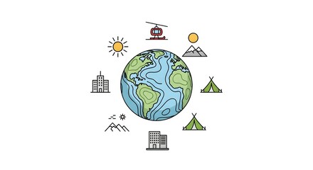 Global travel and tourism concept with icons for city, mountain, and camping destinations around the Earth