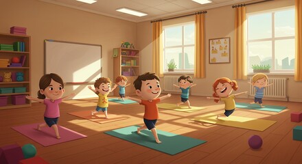 Obraz premium Cartoon Kids Doing Yoga Poses in Bright Classroom