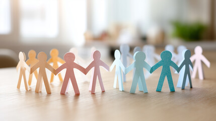 Colorful Paper Figures Holding Hands Symbolizing Unity, Friendship, Diverse Community, Collaboration, and Togetherness in a Bright Environment