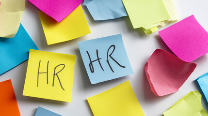 Colorful Sticky Notes with HR Text for Human Resources Concept, Office Organization, Team Communication, Collaboration and Job Management Ideas