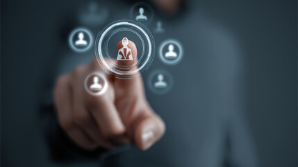 Human Finger Selecting User Icon in Digital Interface with Connection Symbols Representing Communication and Technology Interaction