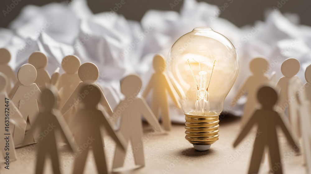 Poster creative idea concept with a glowing light bulb surrounded by paper cutout figures representing brai