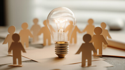 Bright Idea Symbolized by Light Bulb Surrounded by Paper Cutouts of People Representing Collaboration and Innovative Thinking in Business or Education