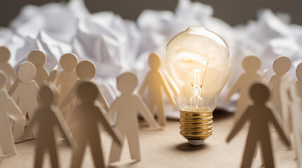 Creative idea concept with a glowing light bulb surrounded by paper cutout figures representing brainstorming and innovation in a collaborative environment