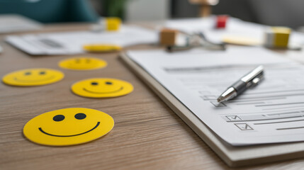 Happy Faces on Yellow Stickers and Checklist Paperwork on a Wooden Table for Feedback and Survey Analysis in a Modern Office Setting