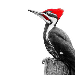 Obraz premium a striking image of a woodpecker perched on a wooden stump. showcasing its vibrant red crest.