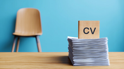 Job Application Process Concept with Resumes and CV on a Wooden Table with Blue Background Highlighting Employment Opportunities and Career Growth