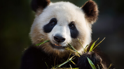 Fototapeta premium Panda Eating Bamboo in Soft Morning Light: A Captivating Wildlife Image