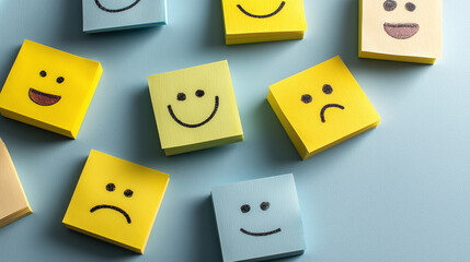 Colorful sticky notes with smiley faces and sad faces arranged on a pastel blue background, showcasing emotions and expression through simple design elements.