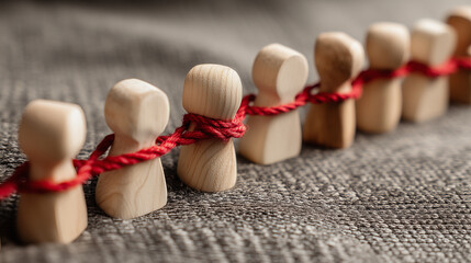 Wooden figures connected by red rope symbolizing teamwork, unity, collaboration, support, and interpersonal connections in a community setting