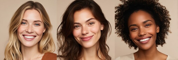 Multi-angle Representation of Diverse Faces Showcasing Skincare Confidence in Soft Neutral Tones With a Blank Upper Third Background