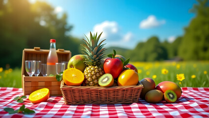 Star Fruits in a Fruit Basket with Other Tropical Fruits &ndash; Top-Down Picnic Setting