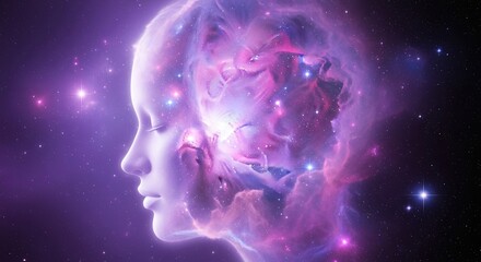 Obraz premium Woman's profile with cosmic nebula inside head against dark background.