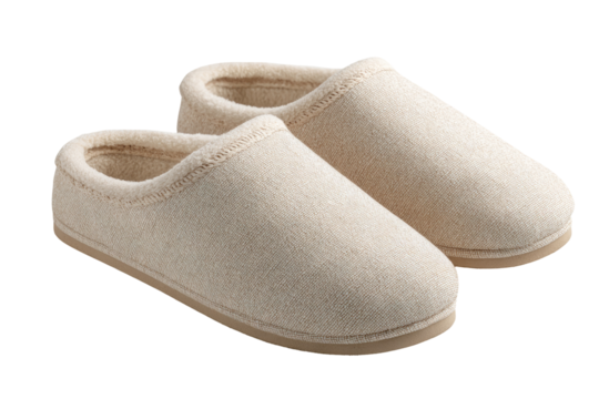 Pair of light beige, soft-textured house slippers