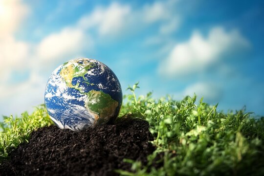Earth model nestled in soil, vibrant green grass