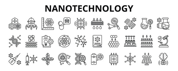 30 Nanotechnology Line Icons Vector - Nanorobotic, Chemical, Nano sensor, Atom, Nanofabrication, Nano Brain