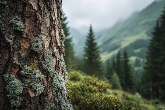 Close-up tree bark with mountain backdrop