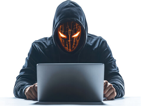 Hacker in hooded sweatshirt with glowing digital mask using laptop cybercrime technology isolated on a transparent background