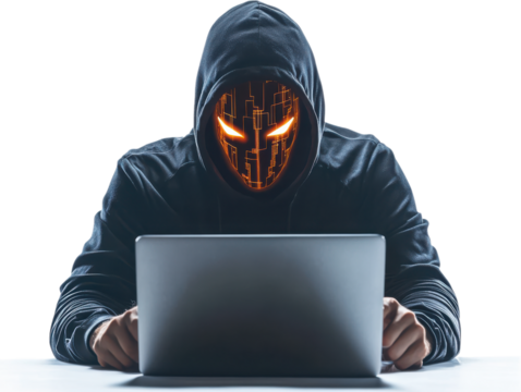 Hacker in hooded sweatshirt with glowing digital mask using laptop cybercrime technology isolated on a transparent background