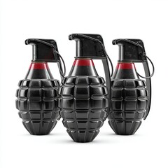 Three realistic grenades isolated on a plain background, ready for action. They have a detailed and textured design with a dark, ominous appearance